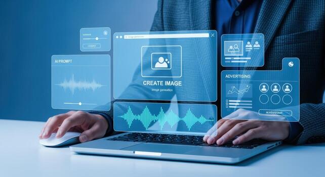 AI-Powered Digital Creation Man Using Laptop with Holographic Interface for Visual Content Generation photo