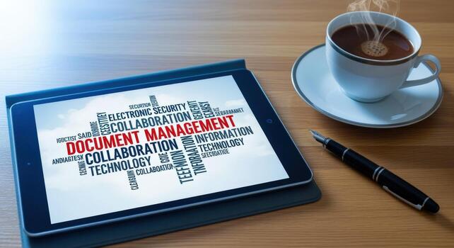 Document Management Displayed on Tablet with Coffee Cup and Pen - Office Productivity Concept photo