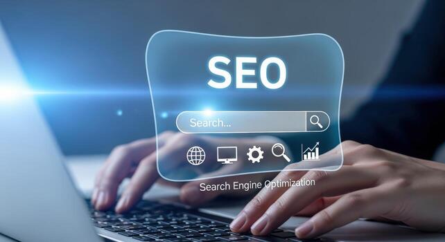 Hands Typing on Laptop with SEO Interface Overlay for Search Engine Optimization Strategies photo