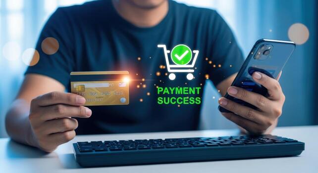 Successful Online Payment with Mobile Phone and Credit Card, E-commerce Transaction Complete photo