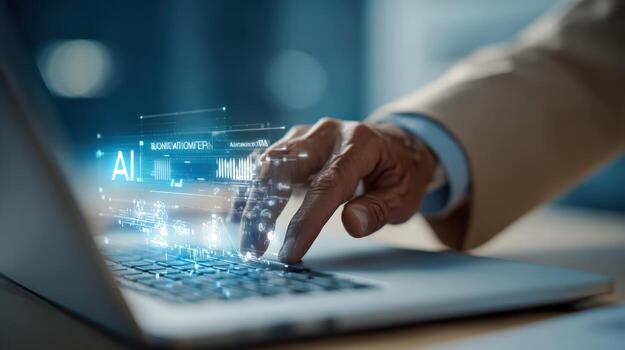 AI Technology Integration Businessman Using Laptop with Holographic Interface for Advanced Data Analysis and Business Intelligence photo