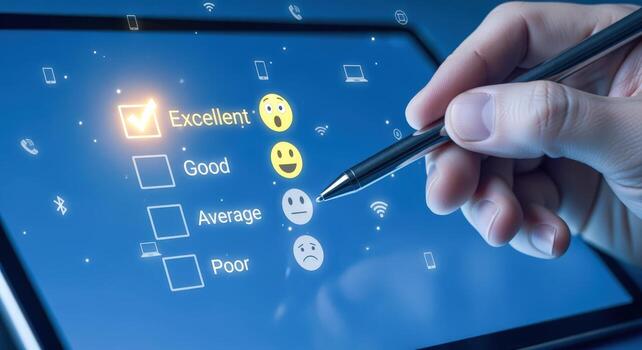 Customer Satisfaction Survey on Digital Tablet with Hand Selecting Excellent Rating and Feedback Smiley Faces photo