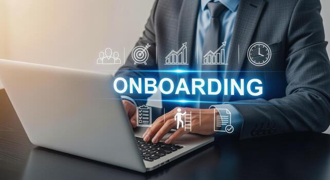 Business Professional Onboarding New Employee Man Typing on Laptop with Virtual Icons Representing Stages photo