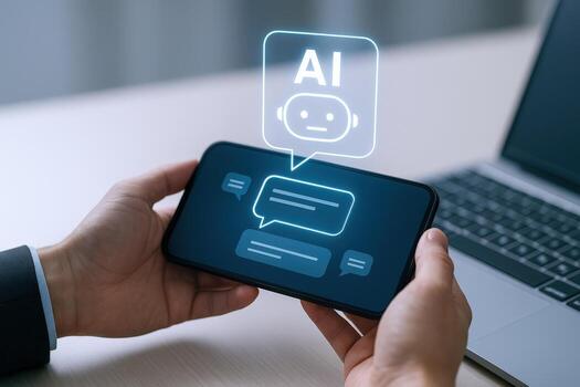 AI Chatbot Interface on Mobile Device Hands Holding Smartphone for Virtual Assistance and Communication photo