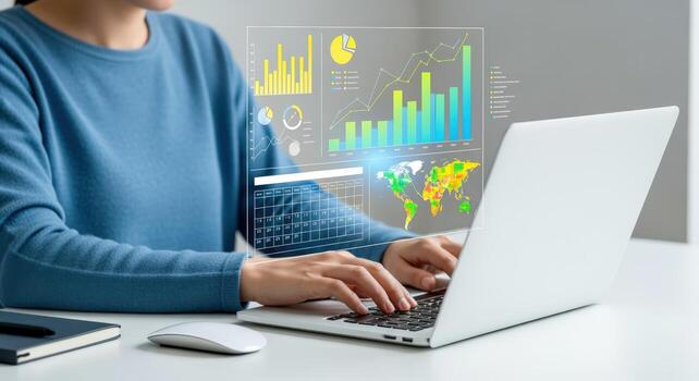 mujer analizando financiero datos y mercado tendencias utilizando un ordenador portátil con datos visualización gráficos foto