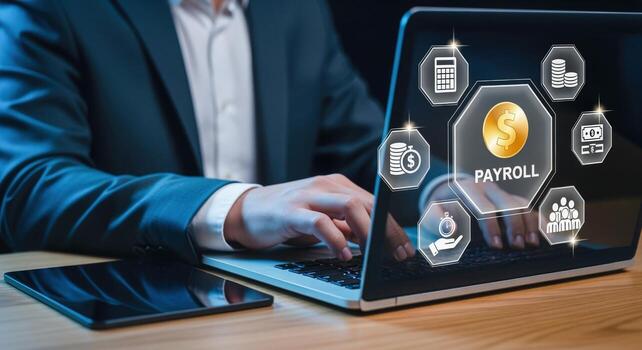 Payroll Processing on Laptop Display with Icons, Businessman Entering Data on the Keyboard photo