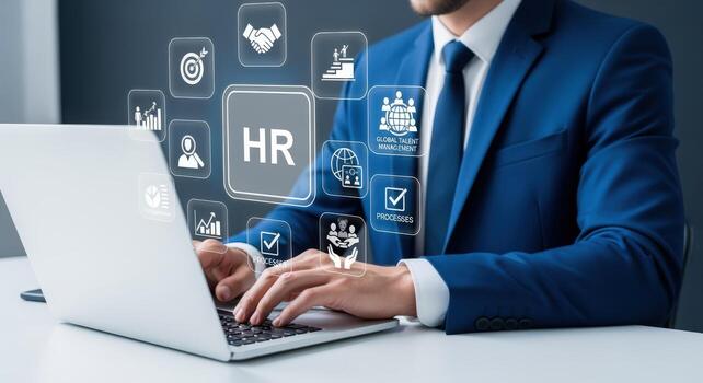 Human Resources Management Businessman Analyzing HR Data and Processes on a Laptop for Strategic Planning photo