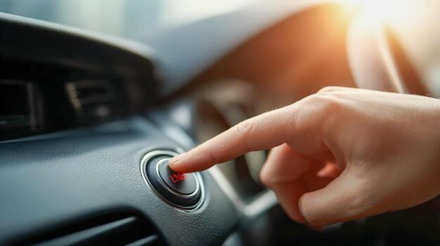 Finger Pushing Car Engine Start Stop Button Modern Vehicle Technology and Driver Convenience photo