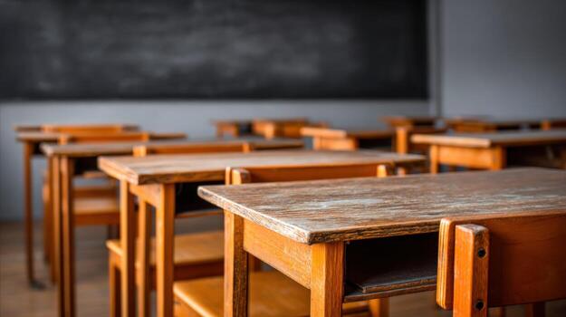 Classroom Interior Featuring Empty Desks and a Blackboard, Ideal for Education and Academic Concepts photo