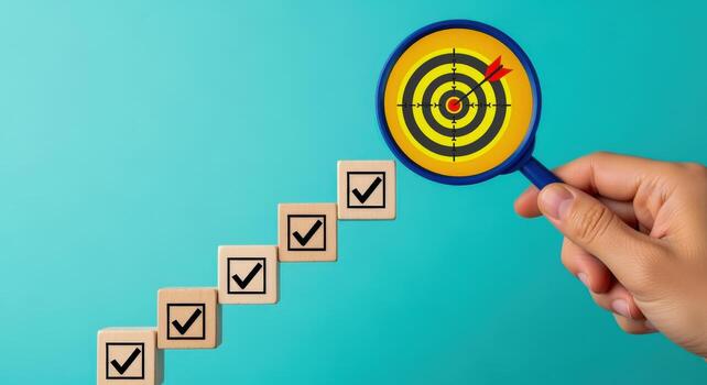 Achieving Goals Hand Holding Magnifying Glass Over Target with Checklist Steps on Blue Background photo