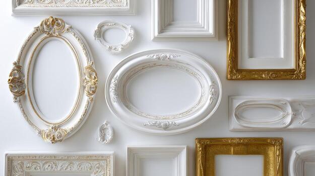 Elegant Collection of Ornate Picture Frames in Gold and White on a Clean White Background photo