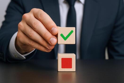 Decision Making Businessman Choosing Correct Option Represented by Green Check Mark on Wooden Block photo