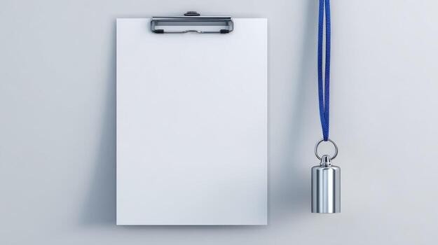 Clipboard with Blank White Paper and Metallic Weight Hanging, Modern Minimalist Mockup for Design Presentation photo