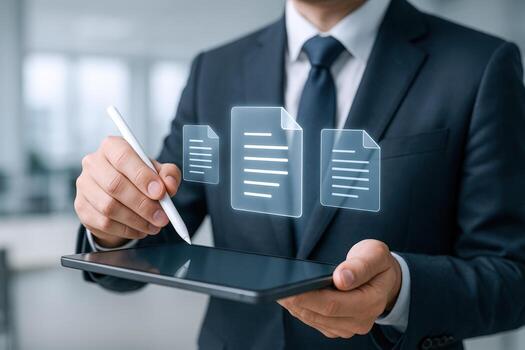 Businessman using digital tablet and stylus pen for document management, workflow automation and electronic signature photo