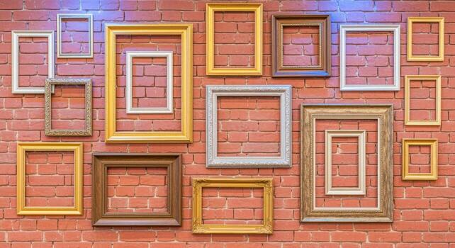 Eclectic Collection of Empty Picture Frames Hanging on a Textured Red Brick Wall Display photo