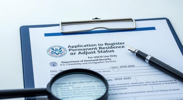 Immigration Form Close-up Application for Permanent Residency with Magnifying Glass and Pen on White Background photo