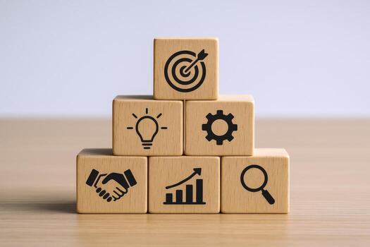 Business Strategy and Goal Setting Wooden Blocks Displaying Success Factors and Growth Opportunities photo