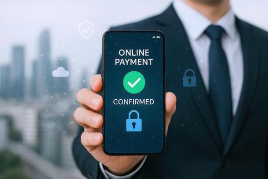Online Payment Confirmation Displayed on Smartphone Held by Man in Suit, Secure Transaction photo