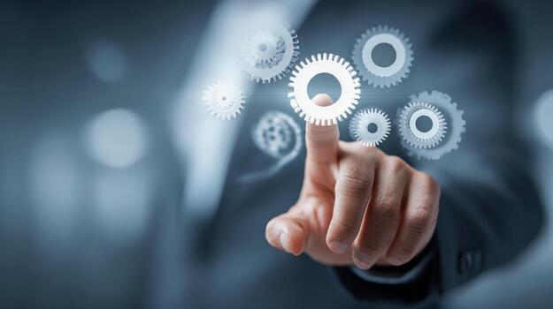 Hand Touching Digital Gears Representing Collaboration, Innovation, Technology, and Business Solutions in a Modern, Futuristic Setting photo