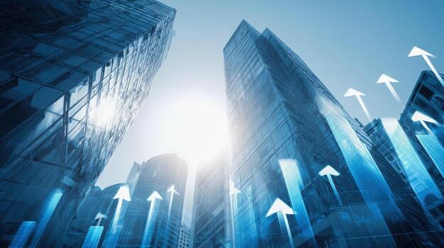 Modern Cityscape with Upward Arrows Symbolizing Growth and Success in Business and Finance Sectors photo