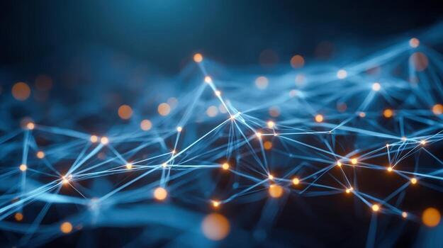 Abstract Network Connection with Glowing Nodes, Illustrating Data Transmission and Modern Technology in Blue and Orange photo