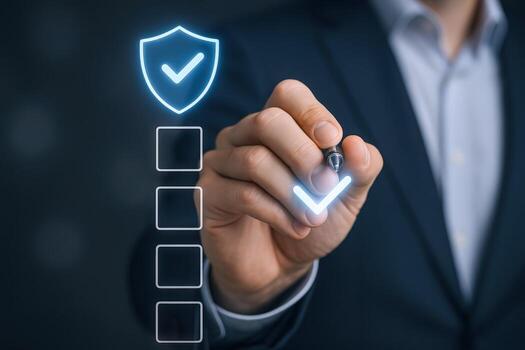 Businessman completing a digital checklist with security shield, illustrating data protection and compliance in a modern business setting photo