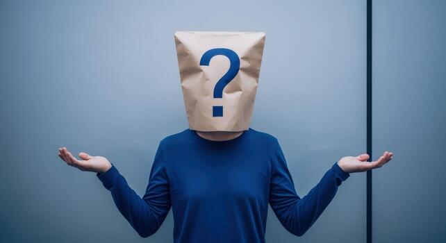 Person with Question Mark Bag Uncertainty, Anonymous, and Choices Concept for Stock Photography photo