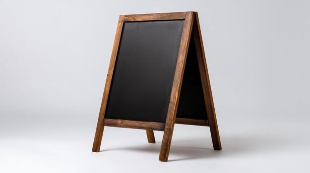 Blank Chalkboard A-Frame Sign with Rustic Wooden Border Against White Background for Custom Messaging photo