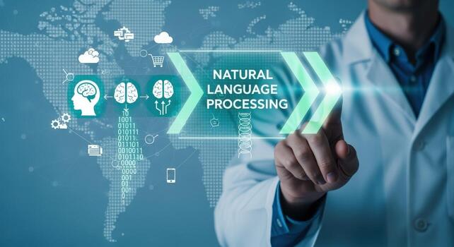 Doctor activates Natural Language Processing Interface on a digital screen, showcasing AI powered medical solutions photo