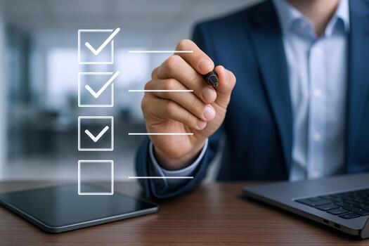 Businessman Marking Checklist Boxes on Digital Screen with Stylus, Representing Task Completion and Approval photo