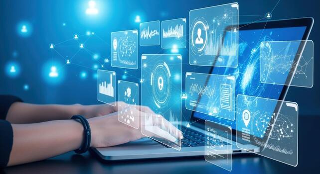 Data Visualization on Laptop Screen with User Hands, Interface Elements and Digital Network Background photo