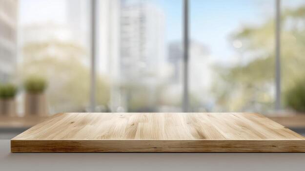 Wooden Table Surface with Blurred City View Background, Perfect for Product Mockups and Displaying Items photo
