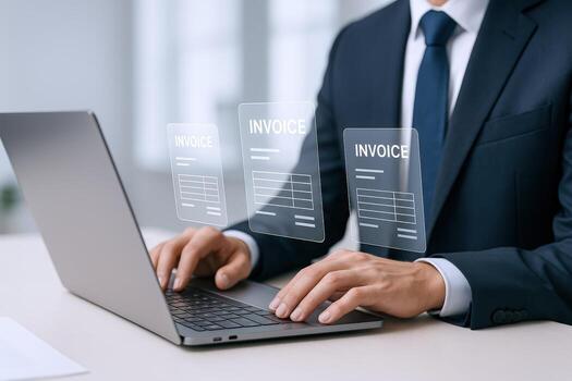 Businessman Managing Digital Invoices on Laptop, Streamlining Financial Operations with Electronic Documentation and Online Accounting photo