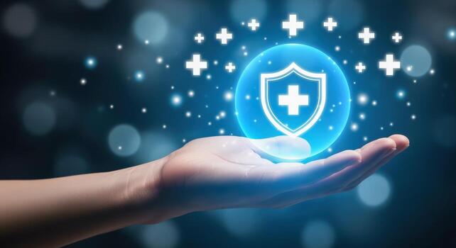 Hand Presenting a Glowing Shield with Cross Symbol, Representing Healthcare, Protection, and Digital Security with Abstract Light photo