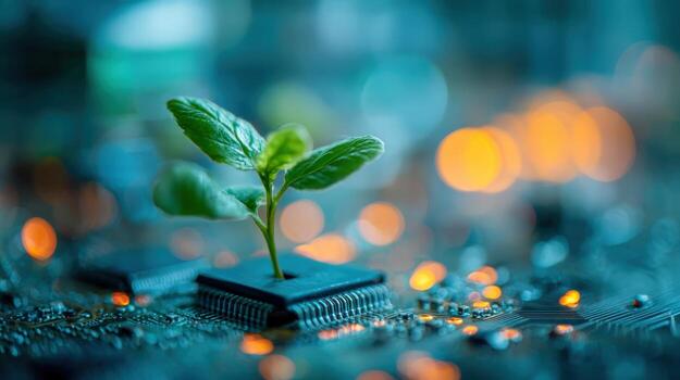 Sustainable Technology Sprout Growing from Computer Chip Demonstrating Green Tech and Environmental Innovation photo