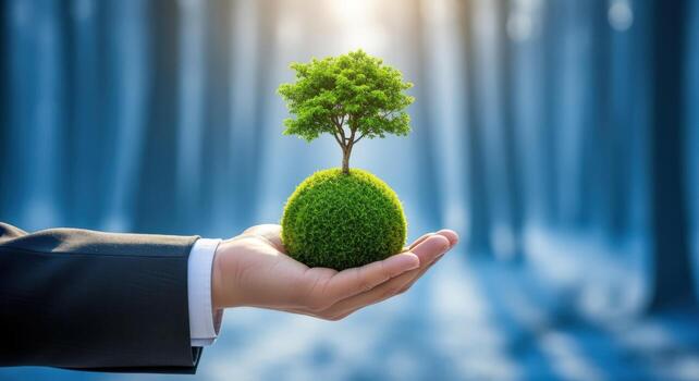 Small Tree in Hand Sustainable Growth and Environmental Stewardship Concept with Forest Background photo