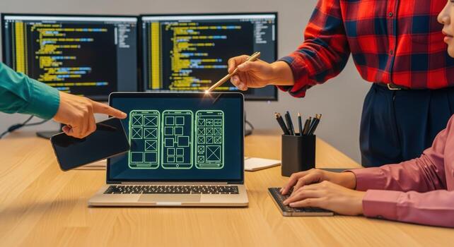 Team Collaborating on UIUX Design with Wireframes on Laptop, Coding on Monitors in Modern Office photo