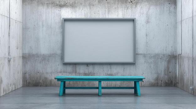 Minimalist Gallery Interior with Empty Frame and Turquoise Bench for Art Mockups and Display photo