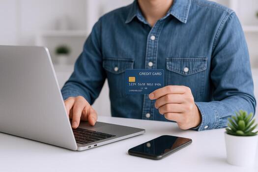 Man Shopping Online Holding Credit Card and Using Laptop for Secure Payment Transaction photo