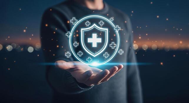 Digital Healthcare Shield Protection Secure Medical Information, Cyber Safety, Data Privacy, and Insurance Coverage Concept photo