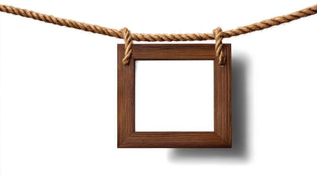 Square Wooden Picture Frame Hanging From Rope Isolated on White Background for Mockups and Design photo