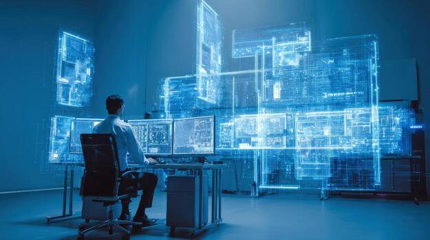 Engineer Working on Futuristic Interface Displays, Analyzing Technical Data for Complex Development Projects photo