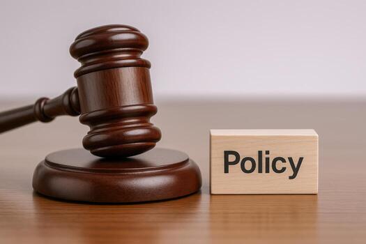 Wooden Gavel and Policy Block on Desk, symbolizing legal policies and judicial governance in a courtroom setting photo