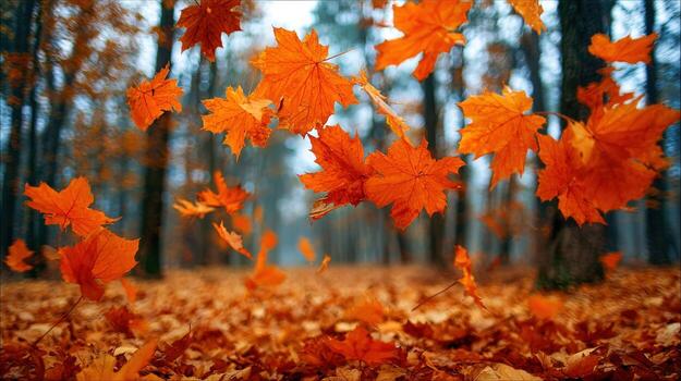 Autumnal Cascade Vibrant Maple Leaves Falling in a Serene Forest Landscape, Capturing the Essence of Fall photo