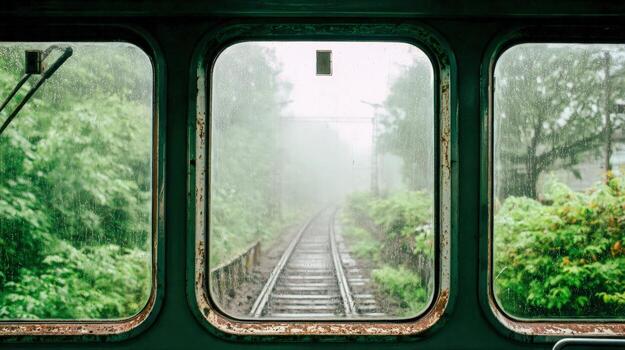 Train Window View Rainy Day Journey Through Lush Green Forest on Railroad Tracks photo