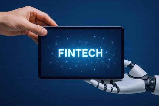 Fintech Technology Concept Human and Robotic Hands Holding Digital Tablet Displaying Financial Technology Innovation photo