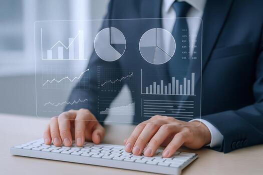 Business Professional Analyzing Financial Data and Statistics on a Digital Interface, Using Keyboard for Input photo