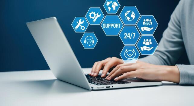 Customer support concept Hands typing on laptop with support service icons, 247 online assistance photo