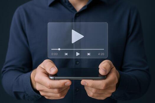 Man Holds Smartphone Displaying Streaming Interface, Concept for Mobile Entertainment and Technology photo