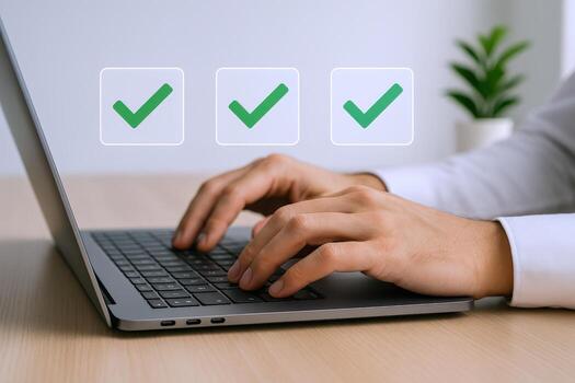 completando en línea formar con verde cheque marcas en computadora portátil, demostrando proyecto terminación y éxito foto